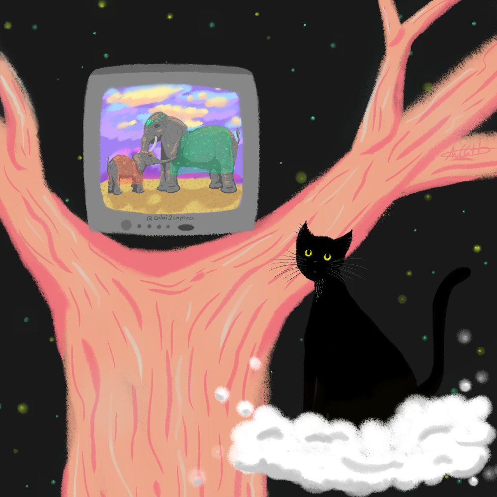 Ilustración surrealista con un gato negro y elefantes dentro de un televisor vintage